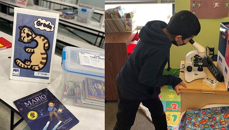 3rd grade book at Charles White Elementary, 3rd grader using microscope at MacArthur Park Elementary