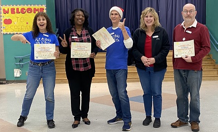 Five 100+ Milestone Certificate Earners Gloria Greengard, Sharon Brown, Mark May, Cathy Ostiller, and David Rickard