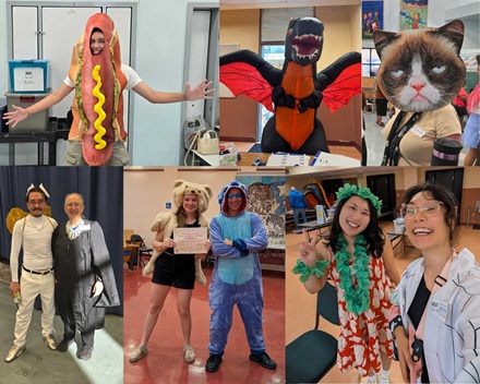 Collage of six photos of volunteers wearing Halloween costumes
