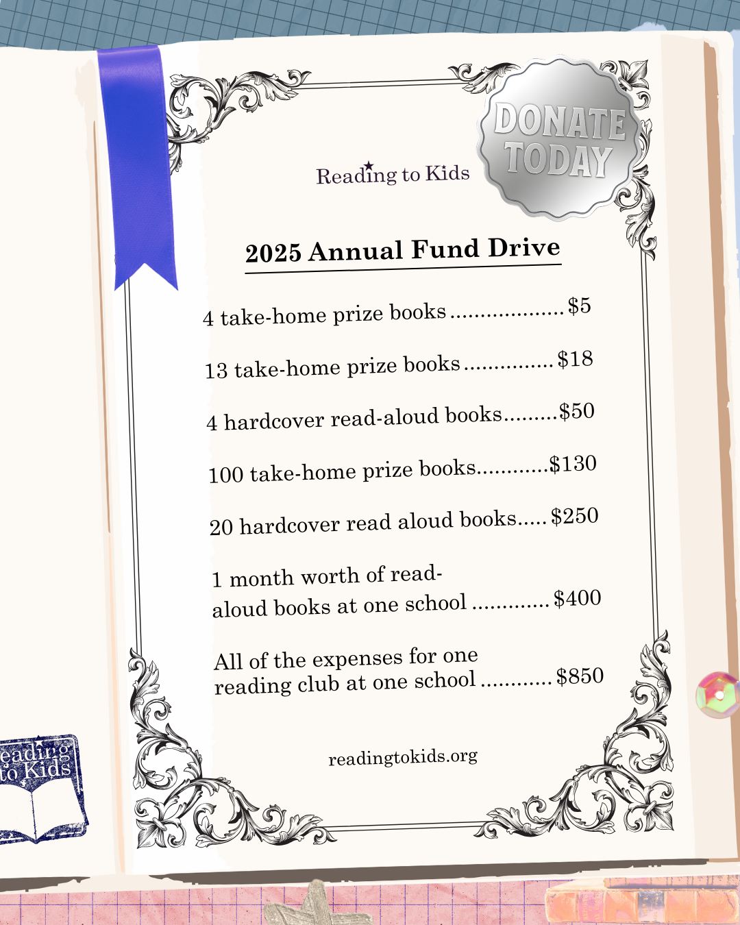 List of what several donation amounts can purchase for our monthly reading clubs