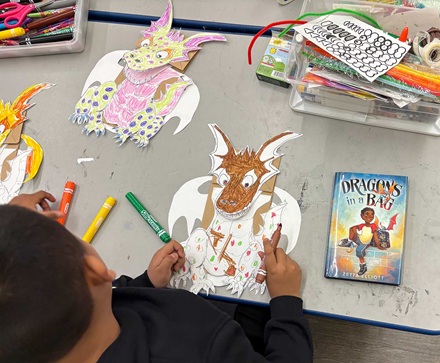 Book and 3rd grade dragon crafts at MacArthur Park Elementary