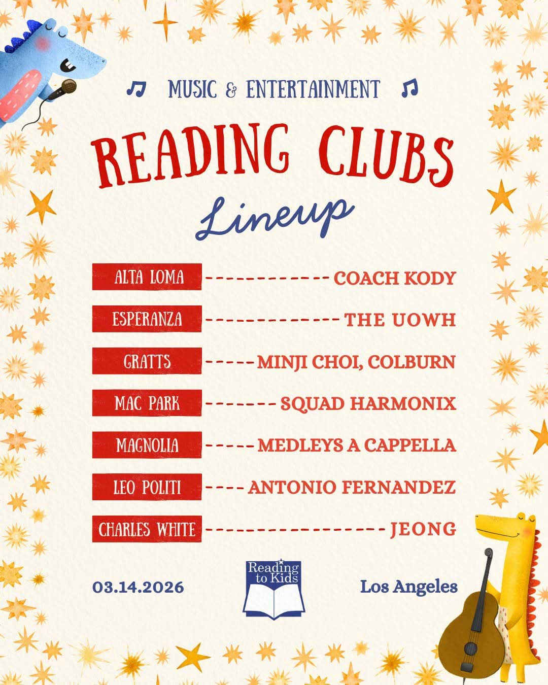 Flyer of performers at our March reading clubs